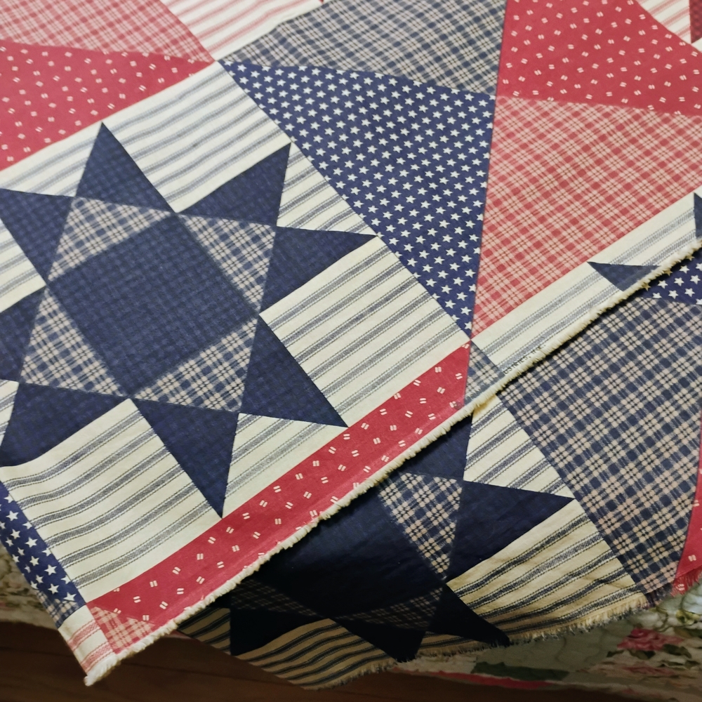 Patchwork Quilt FABRIC with Red and Blue Star Pattern 90" X 90" - Picture 2 of 9
